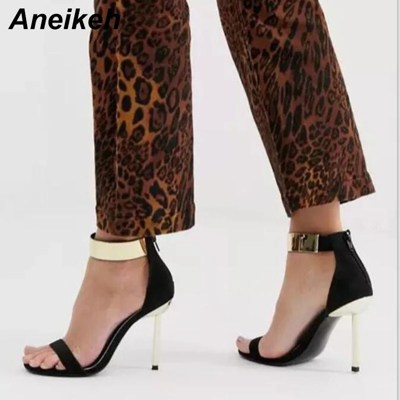 

Aneikeh 2019 Fashion Flock Black Gladiator Women Sandals Thin High Heels Metal Decoration Platform Dance Party Zipper Size 35-40