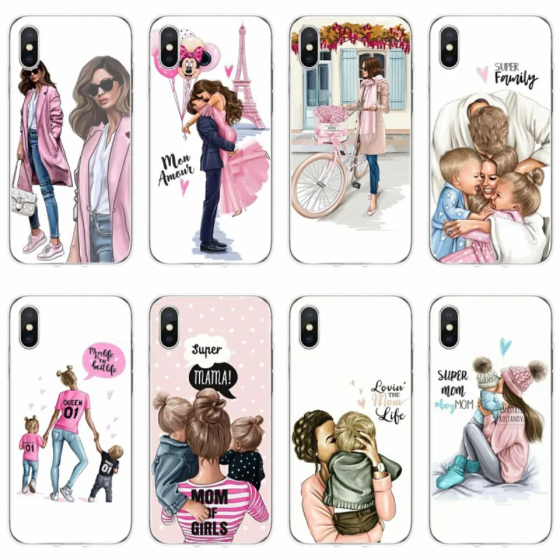 

For iPhone 5 5C 5S SE 6 6plus 7 7plus 8 8plus X XR XS Max Fashion Black Brown Hair Baby Mom Girl Cover Soft Silicone Phone Case