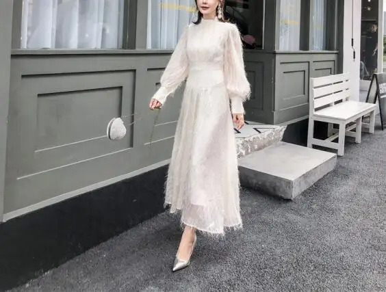 

Lantern Sleeve Long Dress Celebrity Sexy Tassel Elegant Night Club Christmas Evening Party Women Long Dresses