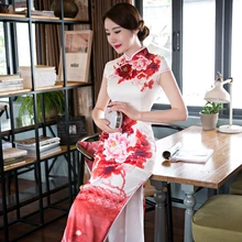 Sexy Silk Satin Cheongsam Chinese Traditional Cap Sleeve Evening Dress High-slit Full-Length Floral Retro Qipao QP39
