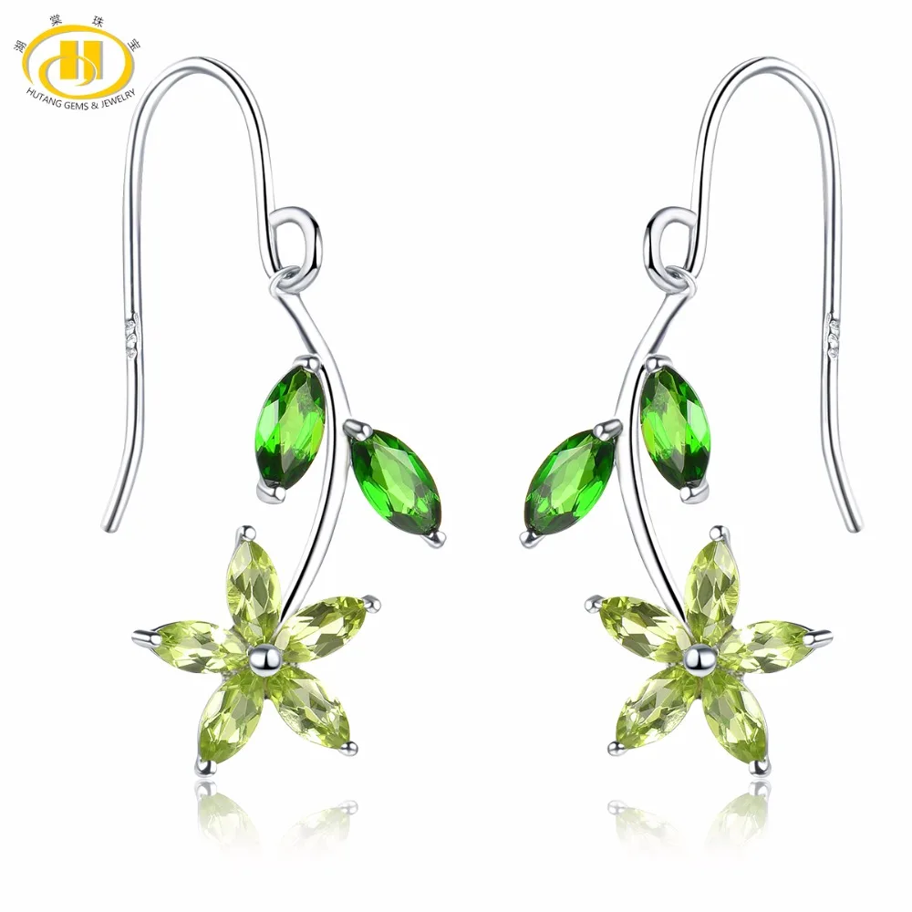 

Hutang Fine Gemstone Jewelry Natural Peridot Chrome Diopside Drop Earrings Solid 925 Sterling Silver Dangle Earring for Women