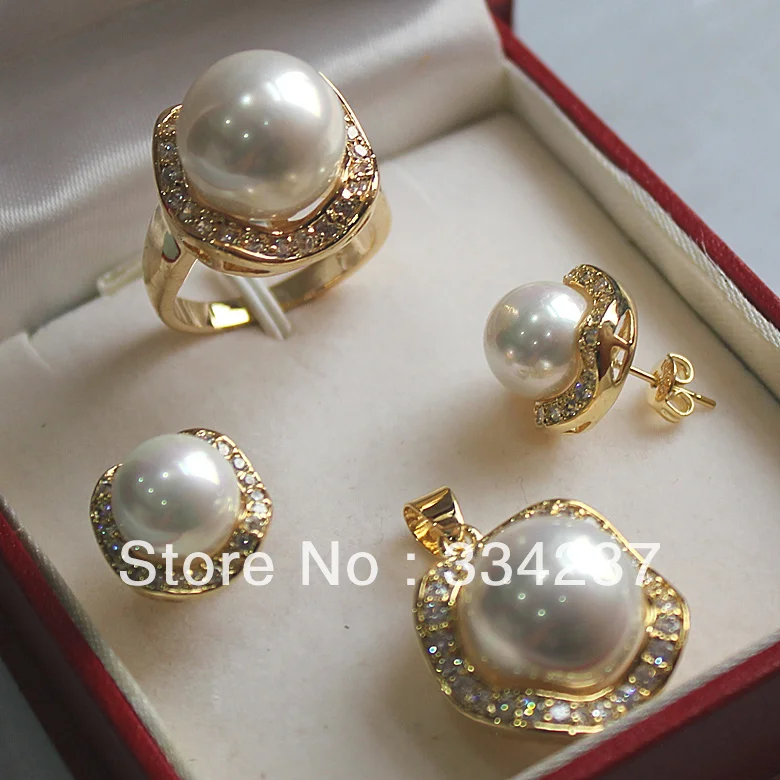 

FYS004 Multi-color Choices White green AAAA CZ White South Sea Shell Pearl Ring Pendant Earring Jewelry Set