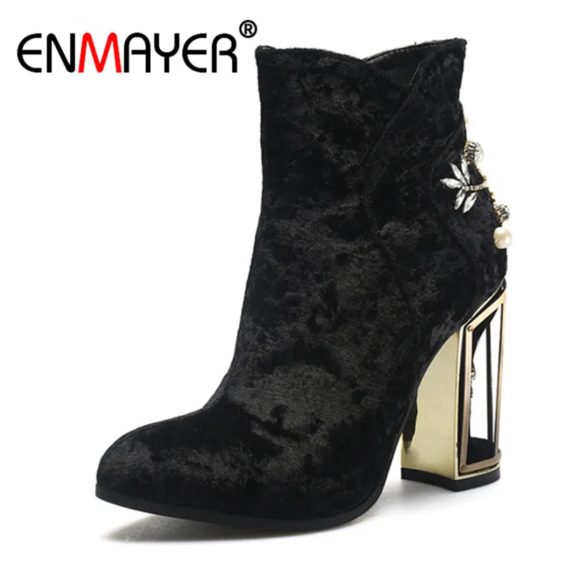 

ENMAYER Fashion High Heel Ankle Boots Autumn Winter Round Toe Shoes for Woman Square Heel Black Women Boots Rhinestone CR774