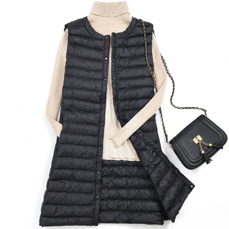 

Spring Autumn Winter Women Vest Jacket Warm Duck Down Ultra-thin Lightweight Ladies Slim Long Coat Sleeveless O-neck Female Vest