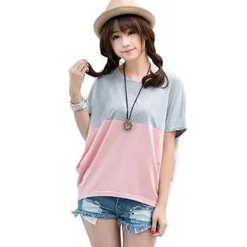 

Fashion Women Large Size Splicing Color Loose Tees Tops Summer Women Girl Casual Round Neck Short Batwing Sleeve T-shirts
