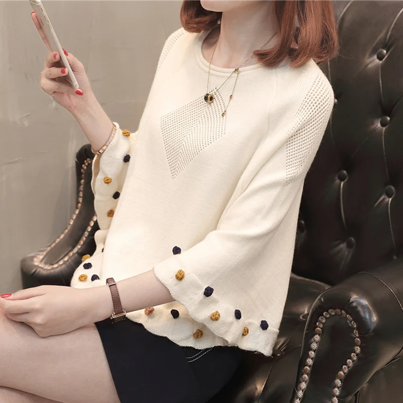 

Korean Spring Autumn Fashion Women Sweaters And Pullovers Sueter Mujer Flare Sleeve O-neck Solid Casual Loose Tops