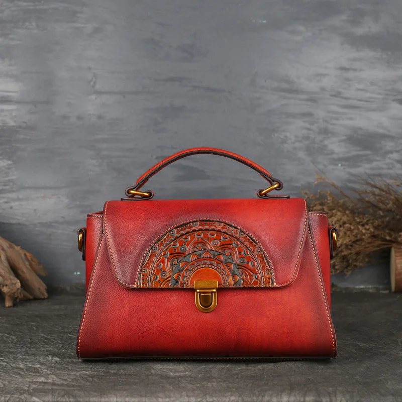 Оригинальная женская сумка из натуральной кожи в стиле ретро, женские сумки из воловьей кожи, роскошные высококачественные винтажные ручные сумки через плечо - Цвет: red wine