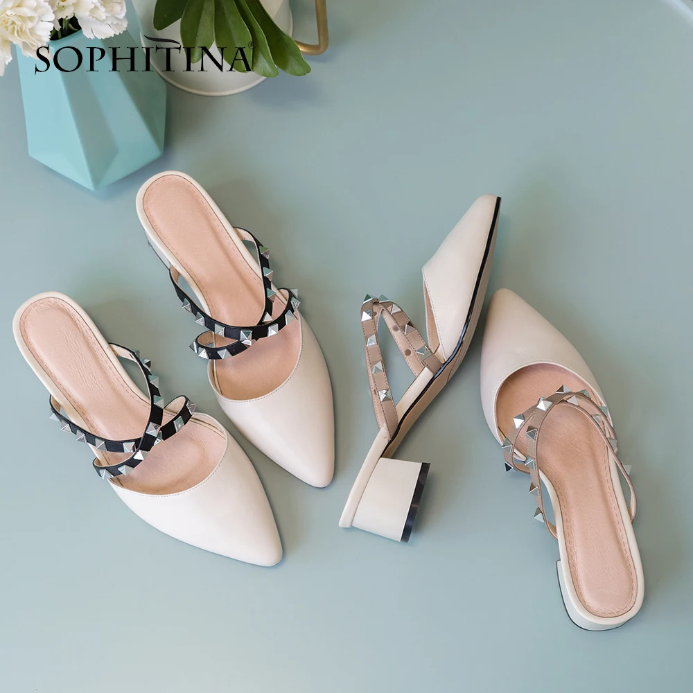 

SOPHITINA Mules Sandals Fashion Rivet Square Heels Pointed Toe Slip-on Women Shoes Outdoor Slingback Basic Party Slandals PO139