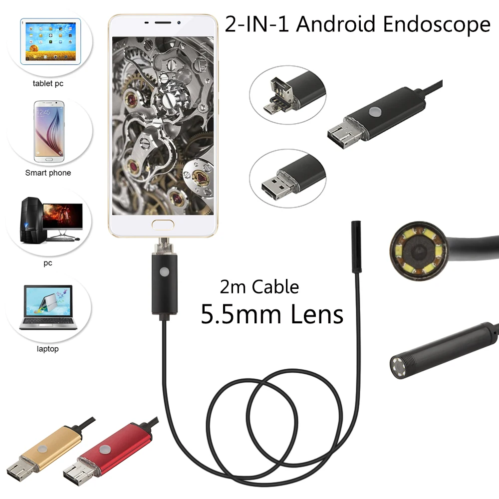 JCWHCAM 2 м 5 м USB эндоскоп Android камера гибкая змея трубка осмотр смартфон OTG бороскоп камера 6LED и аксессуары