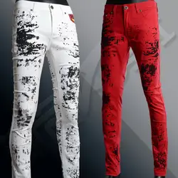 Всплеск-чернилами красные джинсы мужчин тренд белый тонкий брюки личности не связанные с основной цветок Штаны/ 28-36
