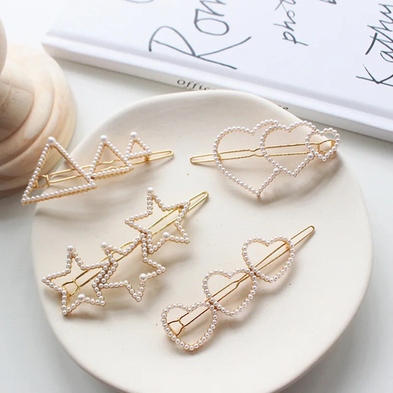 

Korea Fashion Pearl Love hearted Five-pointed star Hairpin Geometric Triangle Hairpins for women hair accessories Beauty Tools