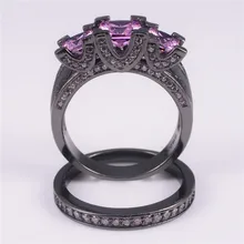 Lady’s 925 Silver & Black gold Square Pink Simulated Diamond Paved Three-stone Wedding Band Ring Sets Jewelry for Women