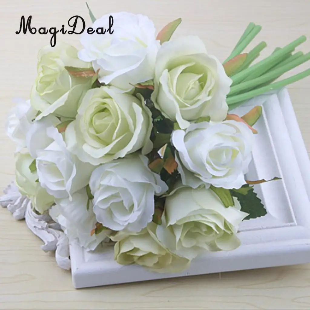 MagiDeal Artificial 12 Branch 25cm Rose Flower Bush Home Decor Wedding Floral Bouquet Potted Table Top Desk Centerpiece