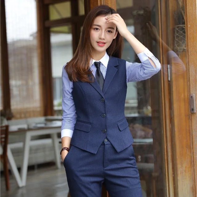 Formal Ladies Blue Vest Women Waistcoat Work Wear Business Clothes