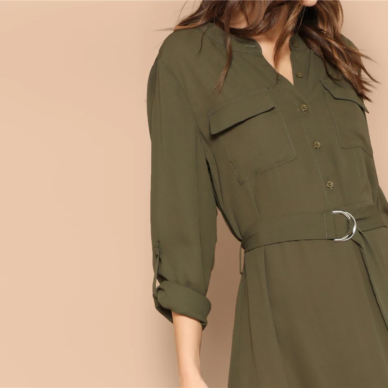 Sheinside, армейское зеленое Повседневное платье-рубашка с поясом, женское платье, весна, закатанные рукава, прямые платья, Дамское Платье миди с карманами