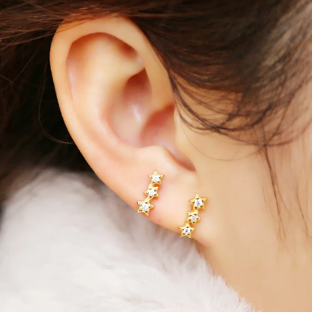 

Real 925 sterling silver gold color star stud earrings with a line paved three blink crystal delicate elegance girl women gift