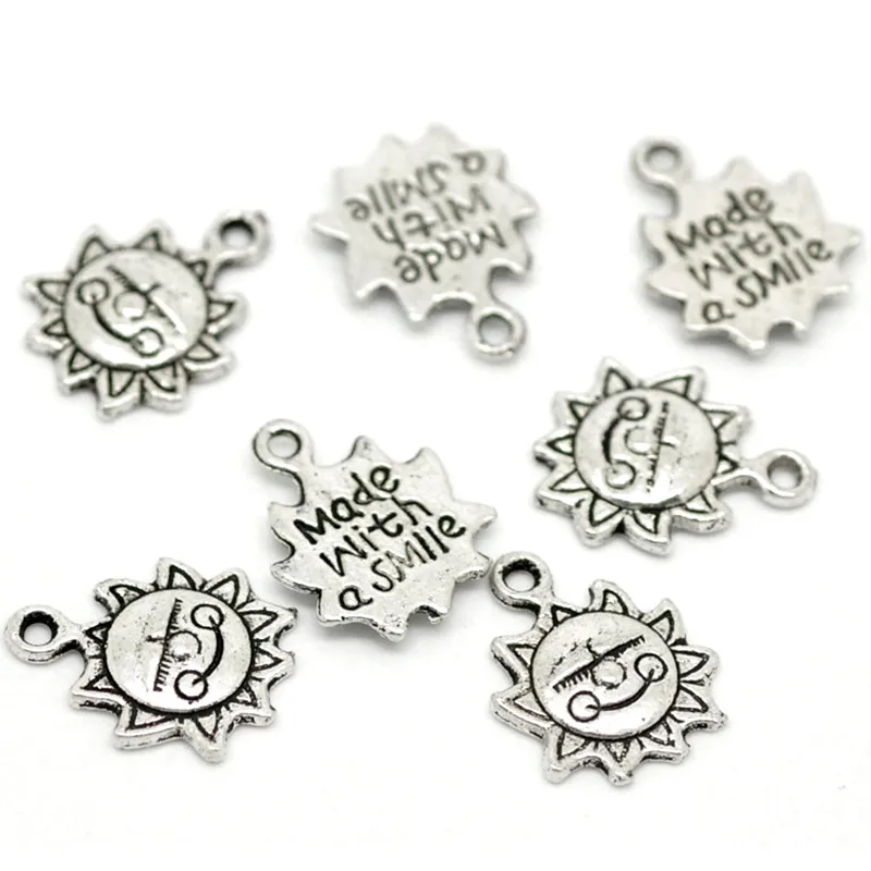 

100 Free Shipping Hot New DIY Silver Tone Sun Flower "Made with a Smile" Charm Pendants Fashion Jewelry Making findingds 16x12mm