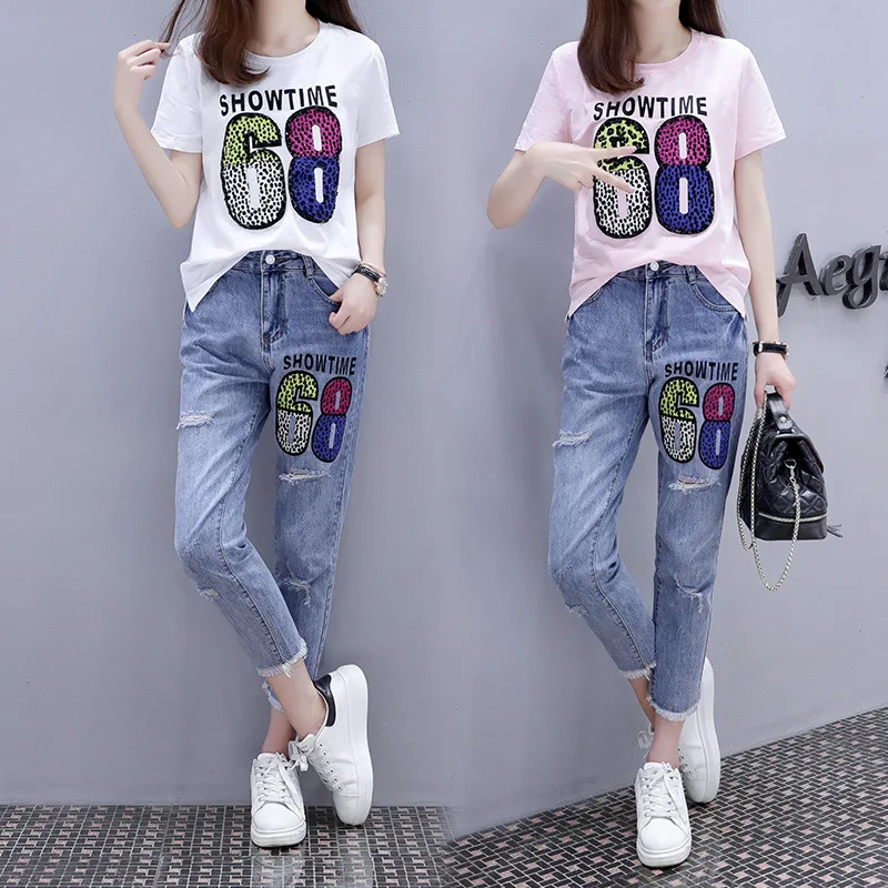 

Two piece set top and pants beaded sequin letter printed short-sleeved T-shirt + shredded jeans women's suit 2019 new
