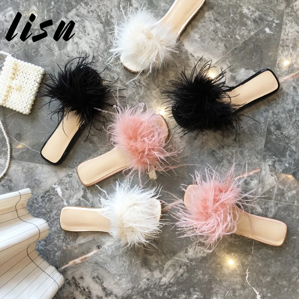 

New New Pink Black Real Fur Summer Slippers Open Toe Slip On Women Ladies Beach Slippers Flats Sandal Slippers Shoes Women