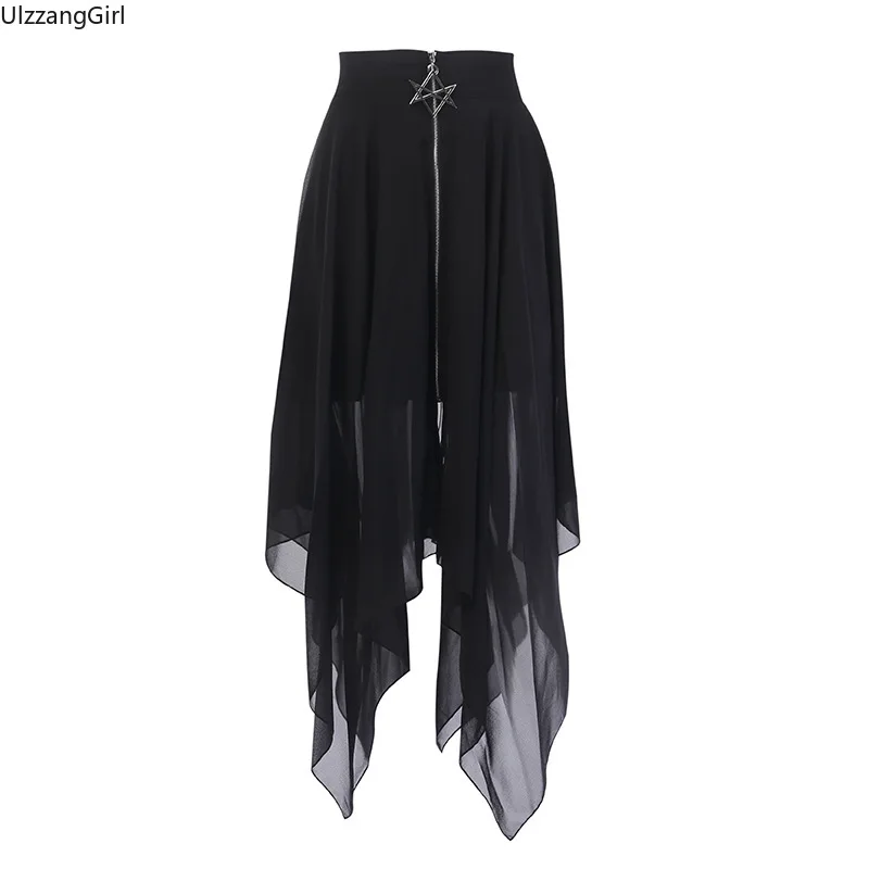 

UlzzangGirl High Waist Gothic Zipper Asymmetry Irregular Length Pleated Chiffon Black Skirt Harajuku Streetwear Punk Sexy Summer