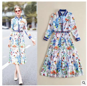 

New Europe in the spring of 2018 the women's fashion catwalk star slim single breasted long sleeved dress