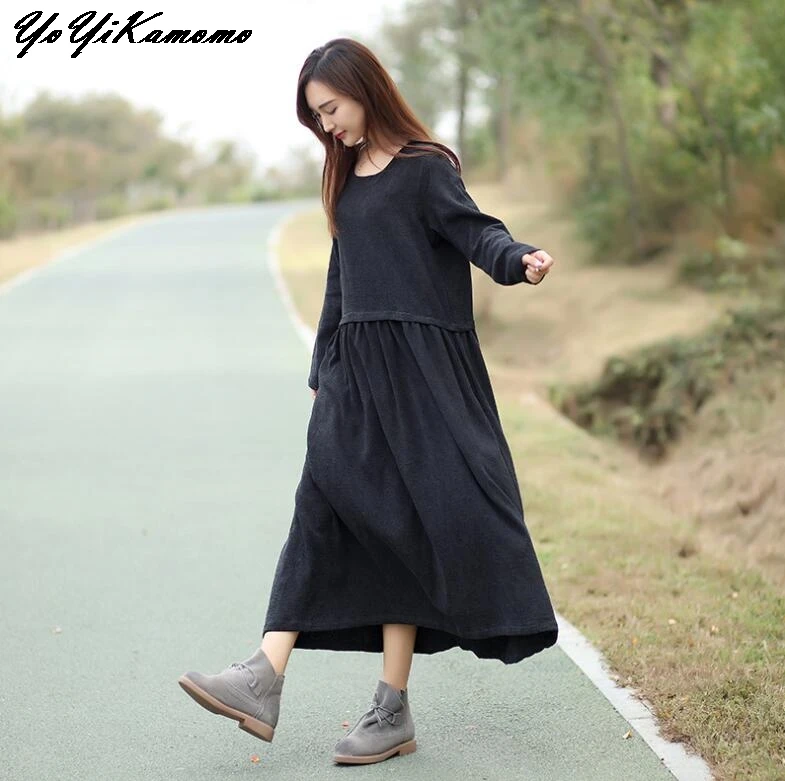 YoYiKamomo хлопковые повседневные платья Осень новое жаккардовое платье Оригинальное длинное платье черное свободное женское платье
