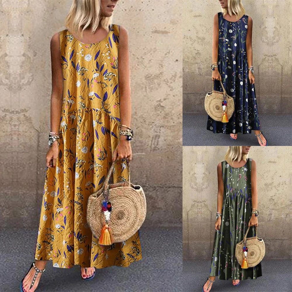 

2019 Summer Women Round Neck Sexy wild Print Dress Sleeveless Casual Loose Linen O-Neck Boho Beach Maxi Long Dresses
