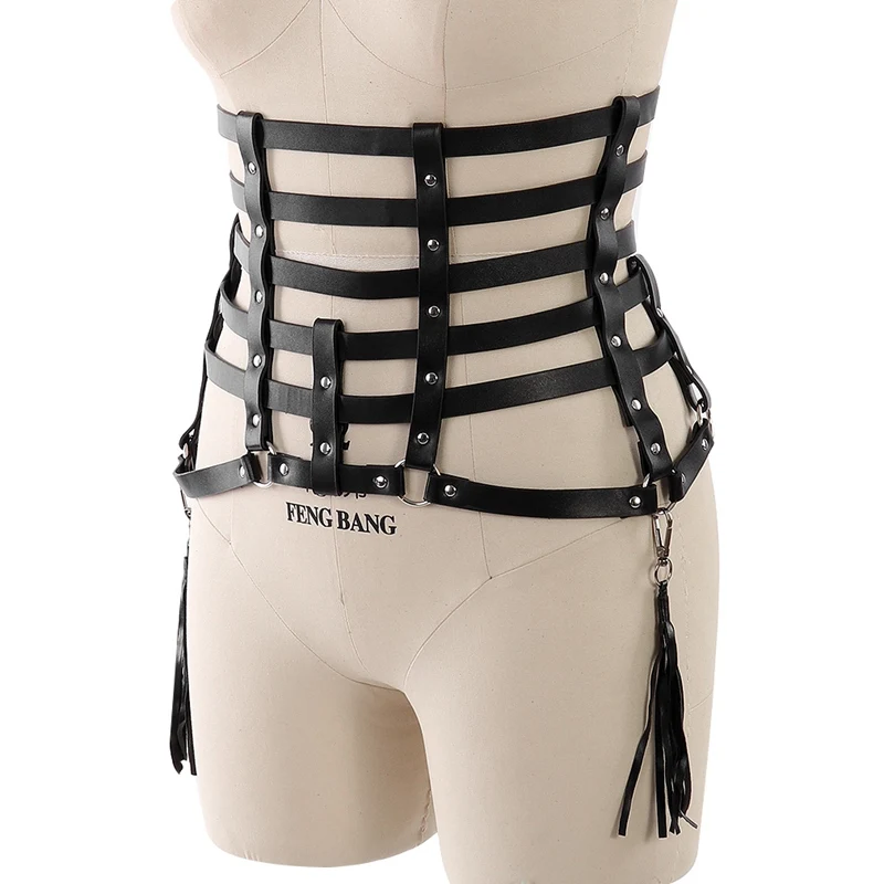 Black Sexy Body Cage Leather High Waist Garter Harness Belt Thigh