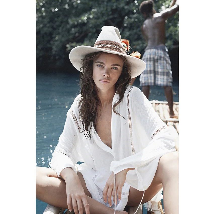 Loose Wrinkled Cotton Beach Cover Up Women Bikini Cover-Ups Dress V Neck Beach Sunscreen Shirt Tunic Dresses Beachwear Vacation Wear (2)