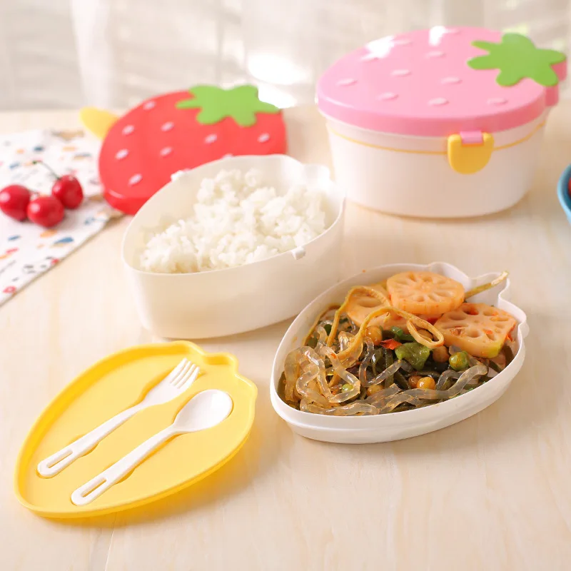 

Lovely Strawberry Lunch Box Food Container Storage Box Portable Kids Student Lunch Box Bento Box Container With Spoon Fork X