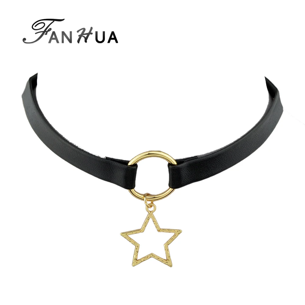 black pu leather with gold star choker necklace