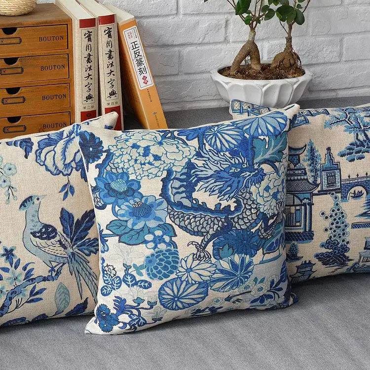Японская голубая и белая Цветочная Подушка, цветы подушка с птицей Подушка, льняная наволочка, домашние декоративные диванные подушки