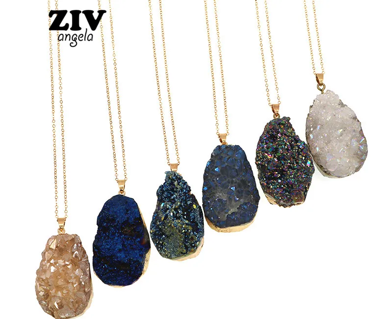 

Fashion Irregular Natural Stone Blue White Quartz Crystal Pendant Necklaces Chain Necklace Jewelry