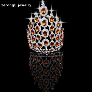 

zerongE jewelry 9.0'' big tall pageant orange crystal crown silver Regal Sparkly Rhinestones hair Tiaras And Crown for women