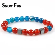 Весело снег Дизайн 8 мм красный агат и голубой граненый агат Бусины браслет ювелирных изделий с гематитом Квадратные Распорки