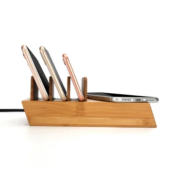 

Phone Charging Dock Station Bamboo Multi-port Wireless Charging With 3USB Port Smart Fast Charge Mobile Phone Desktop Stand