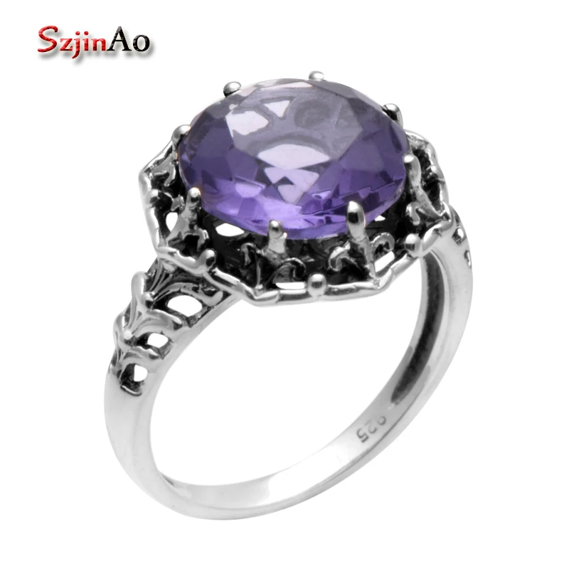 

Szjinao Processing Customized Carving Victoria Ring 925 Sterling Silver Crystal Rings for Women Amethyst Free Gift Box