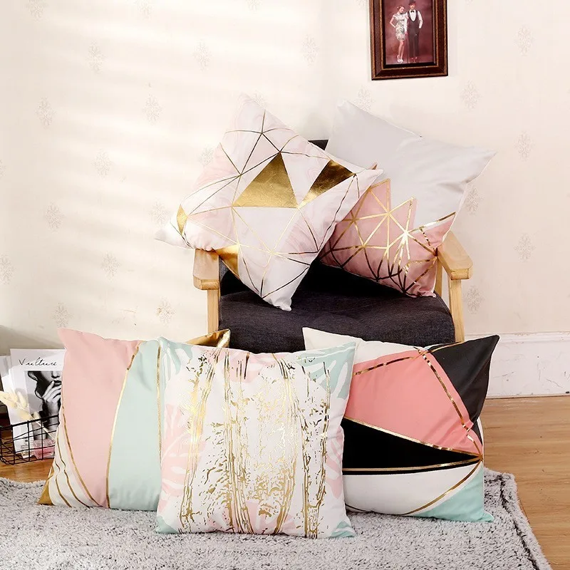 

Nortic Style Pillow Case For Sofa Car Decorative Golden Striped Pillow Cover Square Color Patchwork Cushion Cover Hidden Zipper