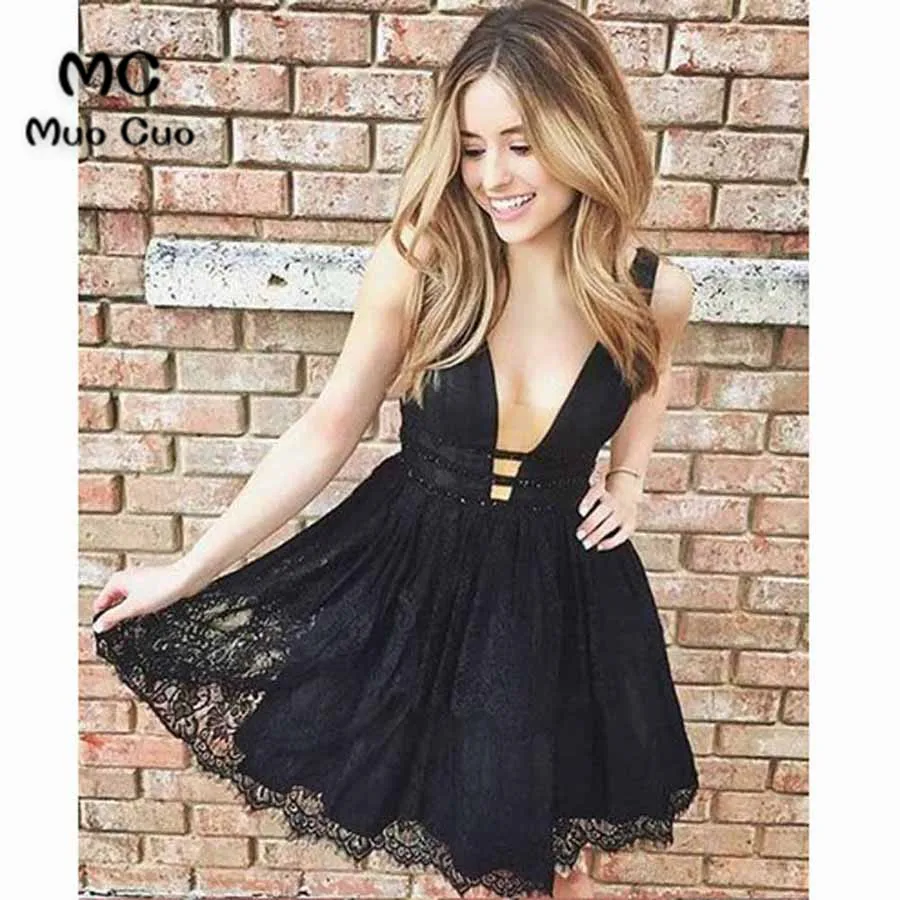 Cute black lace short halter homecoming dresses, short party dress4