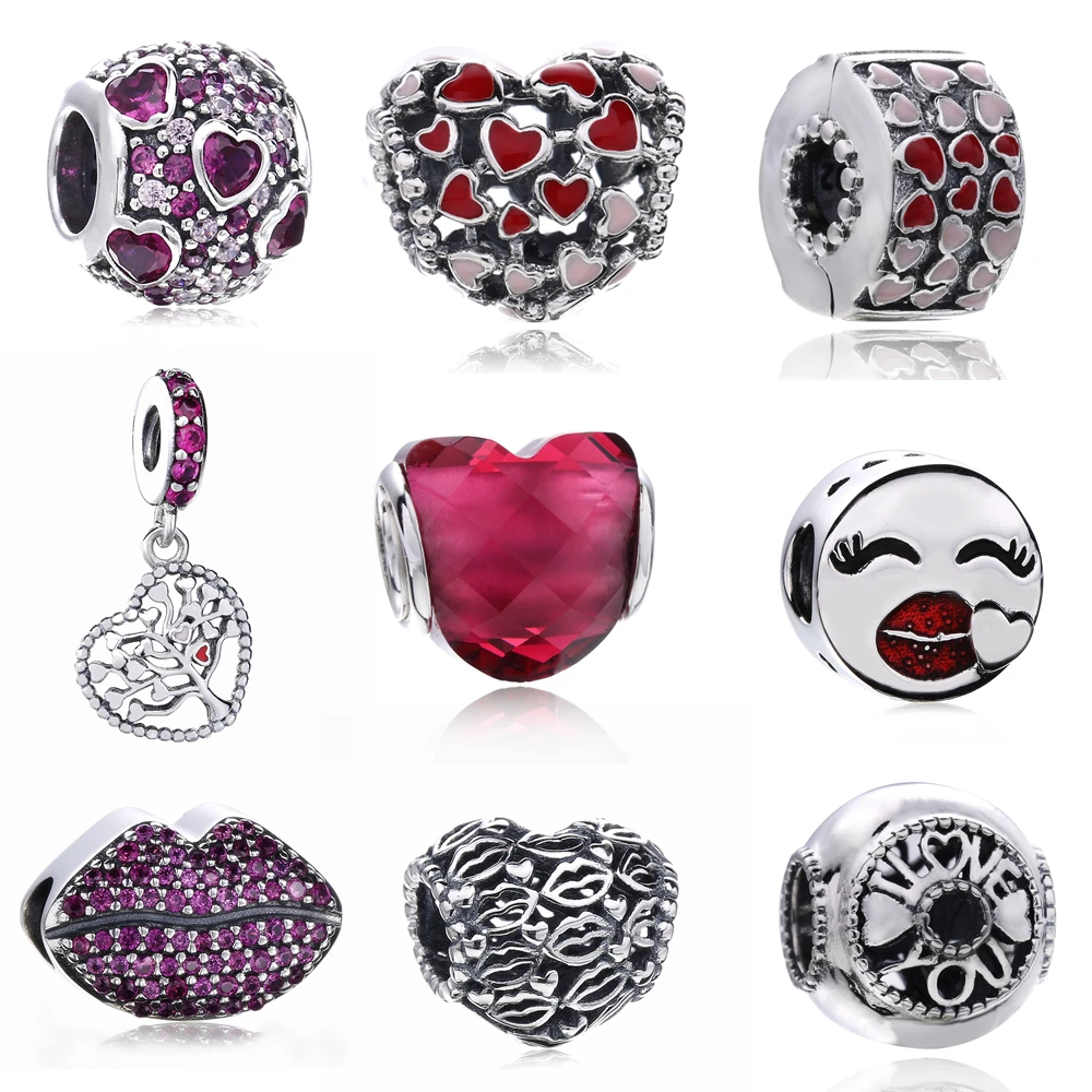 

Slovecabin 925 Sterling Silver 2018 Valentine Jewelry Fuchsia Shape of Love Charm Fuchsia Rose Crystal Fit Brand Charm Bracelet