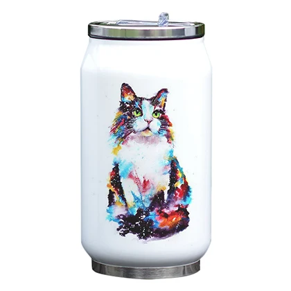 Акварель милый кот чашка кока-колы воды Термос стали вакуумной изоляцией бутылка с соломинкой уникальный дизайн подарок крутая печать - Цвет: B