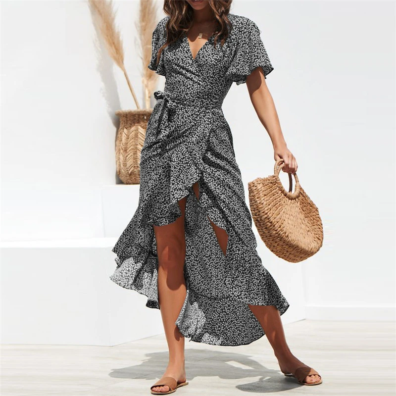 

Boho Beach Summer Women V Neck Flower Sundress Short Sleeve Polka Dot Ladies Holiday Ruffles Dress Elegant Plus Size