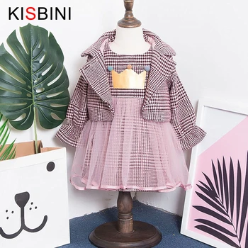 

KISBINI Girls Clothes Children's Sets Wool Blends Coat + Sleeveless Plaid Vest Dress 2pc Mesh Princess Dress 3 4 5 6 Years Girls