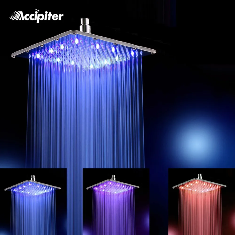 

12 Inch Water Powered Stainless Steel Square Rain Led Shower Head Bathroom 3 Colors Led Showerhead Chuveiro