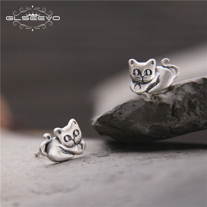 GLSEEVO 925 Sterling Silver Cute Cat Stud Earrings For Woman Girls Daughter Jewelry Boucle D'Oreille Fantaisie GE0115 | Украшения и