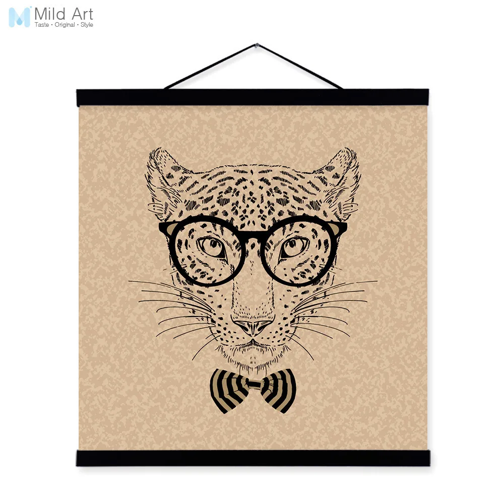 Leopard Face Black White Gentleman Wildlife Animal Portrait Wood Framed