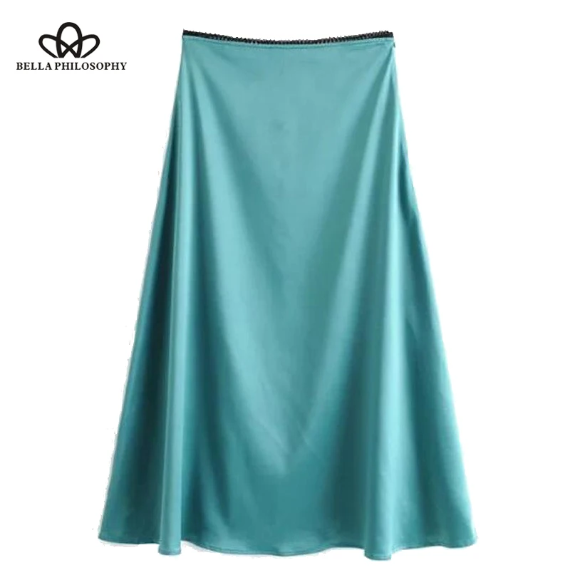 2019 Summer Lady Silk Satin Midi Skirt Ruffles High Waist Skirt Solid Color women Korean Fashion faldas mujer Wonder Store