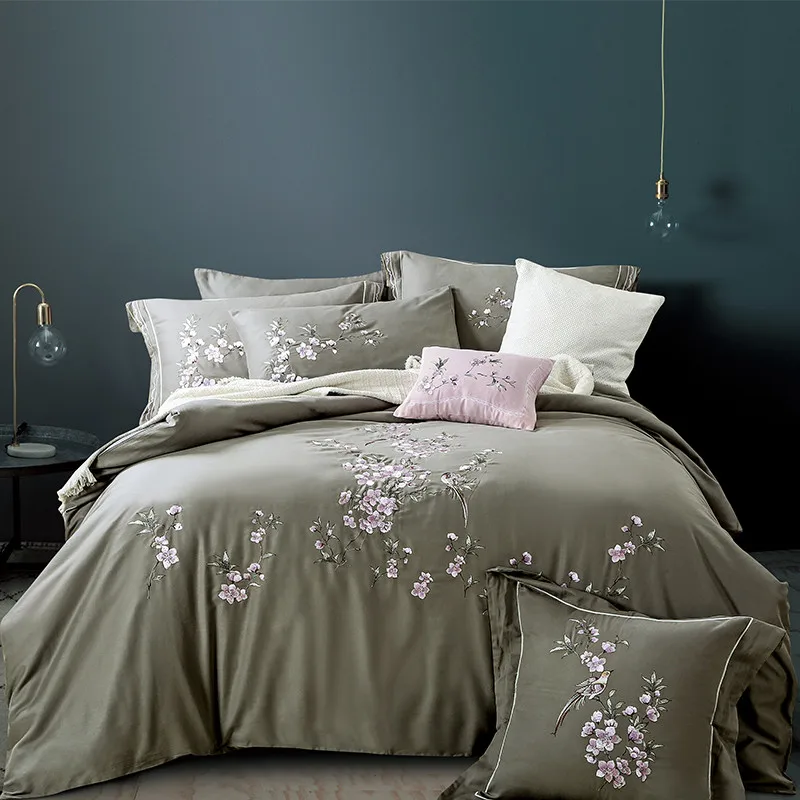 

100%Cotton Soft Embroidered Sanding Flowers Plants Bedding Set Duvet Cover Bed Linen Bed sheet Pillowcases King Queen 4/6/8/9PCS