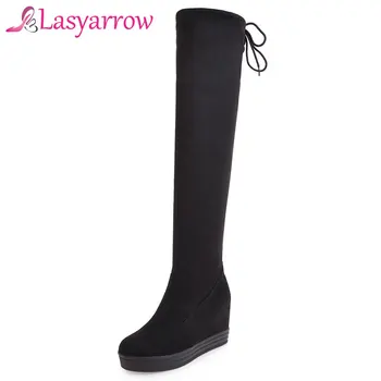 

Lasyarrow Sexy Slim Over the Knee Boots Women's Black Lace Up Thigh High Boots Round Toe High Heel Long Botas Feminina F184