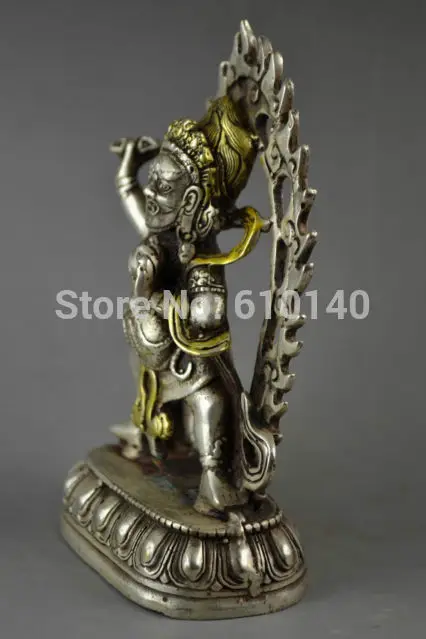 

China Miao Silver Gilding Carving Tibet Buddha Fierce Exorcise Statue